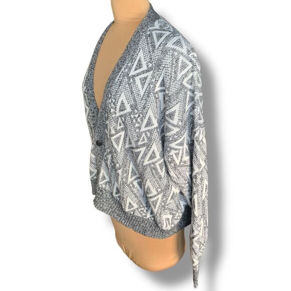 Vintage 80s Geometric Knitted Pattern Cardigan Black White Oversized Vneck Large - Picture 4 of 9